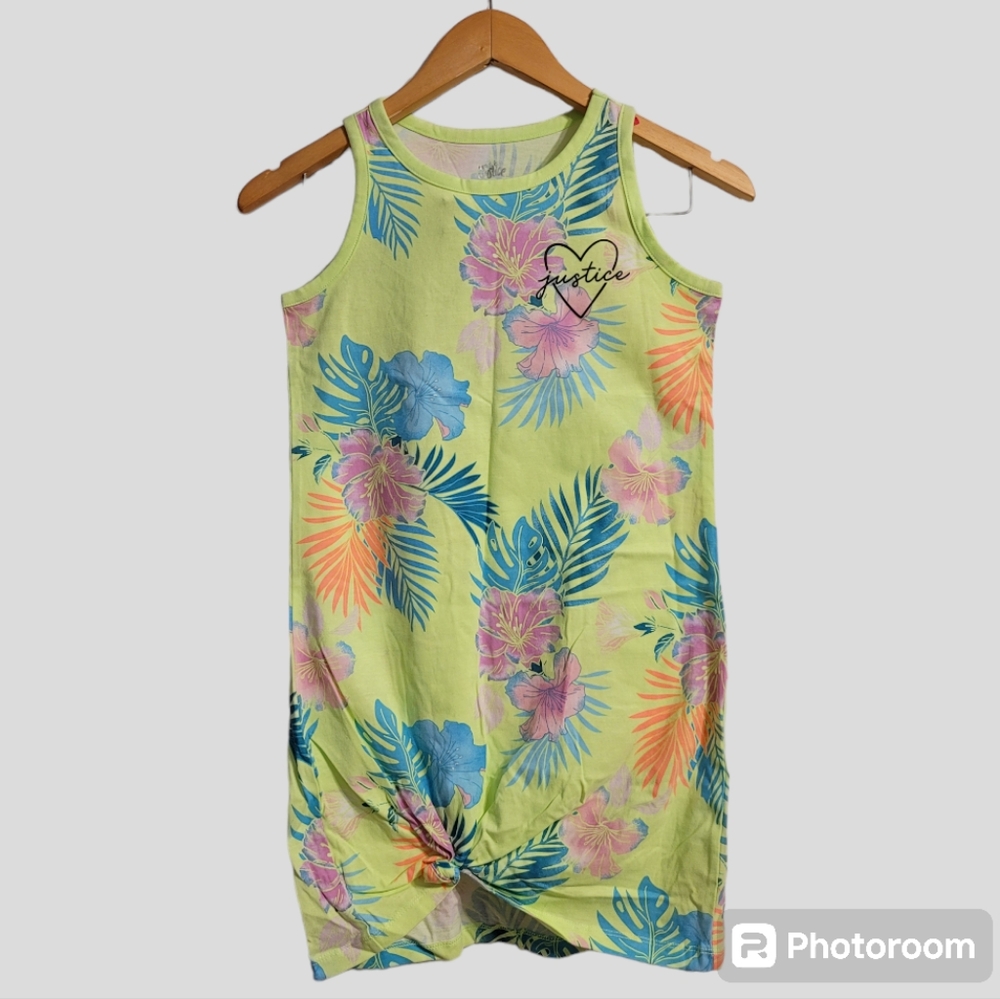 Justice Tank Dress Girls Kids Medium (10) Lime Knot Floral Sleeveless Tropical